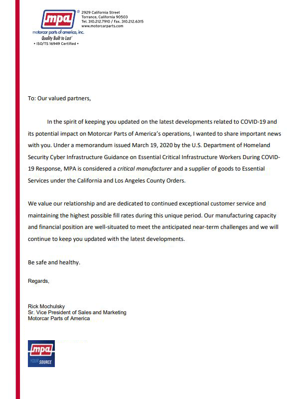 Essential Services Update Motorcar Parts of America